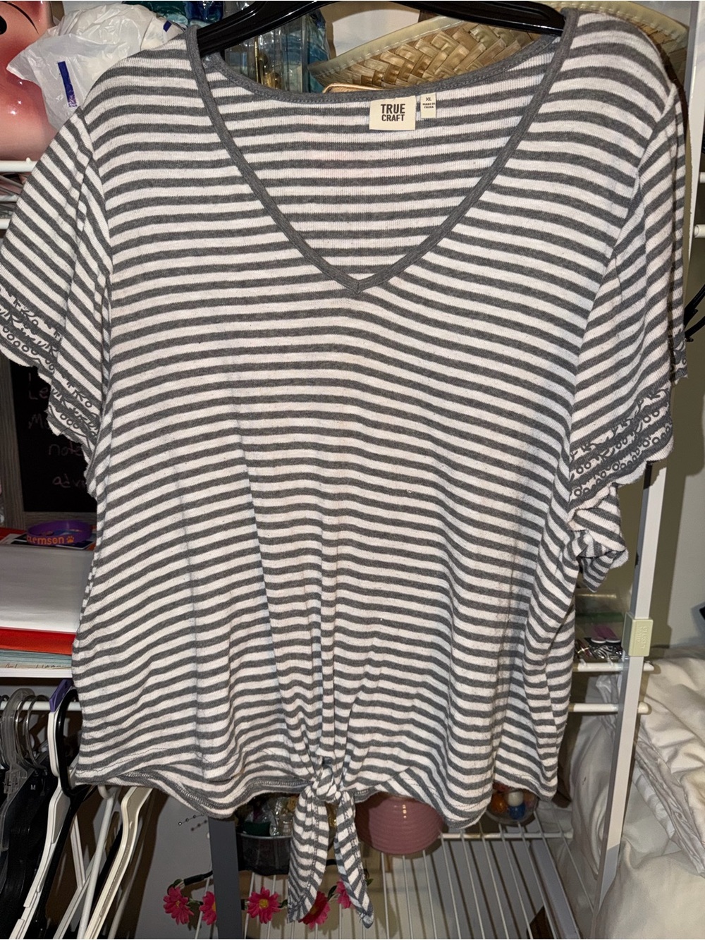 Craft Gray & White Striped V-Neck Tie-Front Crop Top